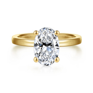 Gabriel & Co. ER14982O8Y4JJJ 14 karat yellow gold Classic engagement ring, front view of an oval center on ball tipped prongs above a flat sided band with squared edges
