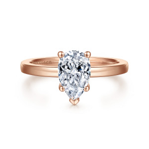 Gabriel & Co. ER14982P4K4JJJ 14 karat rose gold Classic engagement ring, front view of a pear shaped center with a pointed tip prong on a broad flat band