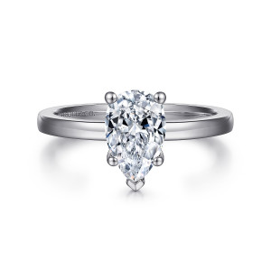 Gabriel & Co. ER14982P5W4JJJ 14 karat white gold Classic engagement ring, front view of a pear shaped center with a V shaped prong cupping the pointed tip