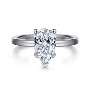 Gabriel & Co. ER14982P6W4JJJ 14 karat white gold Classic engagement ring, front view of a pear shaped center with a V shaped tip prong at the point