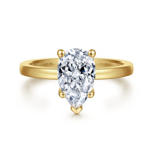 Gabriel & Co. ER14982P6Y4JJJ 14 karat yellow gold Classic engagement ring, front view of a pear shaped center with a pointed tip prong and ball prongs
