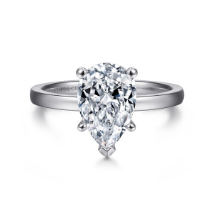 Gabriel & Co. ER14982P8W4JJJ 14 karat white gold Classic engagement ring, front view of a pear shaped center with rounded prongs and a V shaped tip at the point