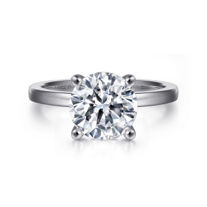 Gabriel & Co. ER14982R12W4JJJ 14 karat white gold Classic engagement ring, front view of a round center held by four ball tipped prongs on a slim plain band