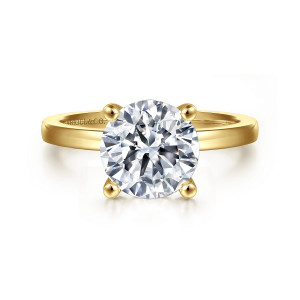 Gabriel & Co. ER14982R12Y4JJJ 14 karat yellow gold Classic engagement ring, front view of a round center between four ball tipped prongs on a smooth band