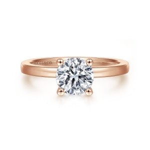 Gabriel & Co. ER14982R4K4JJJ 14 karat rose gold Classic engagement ring, front view of a round center in four ball tipped prongs on a flat faced band