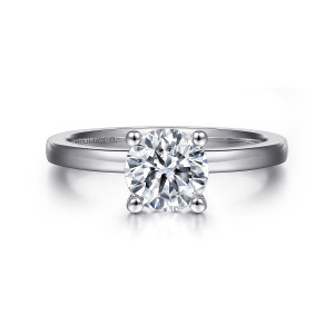 Gabriel & Co. ER14982R4W4JJJ 14 karat white gold Classic engagement ring, front view of a round center between ball tipped prongs on a thin plain band