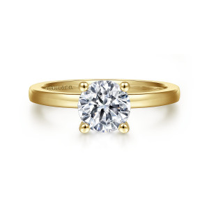 Gabriel & Co. ER14982R4Y4JJJ 14 karat yellow gold Classic engagement ring, front view of a round center with four ball tipped prongs and a maker's mark inside the band