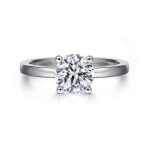 Gabriel & Co. ER14982R5W4JJJ 14 karat white gold Classic engagement ring, front view of a round center held by four ball tipped prongs on a smooth band