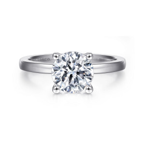 Gabriel & Co. ER14982R6W4JJJ 14 karat white gold Classic engagement ring, front view of a round center in four ball tipped prongs above a flat smooth band