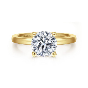 Gabriel & Co. ER14982R6Y4JJJ 14 karat yellow gold Classic engagement ring, front view of a round center gripped by ball tipped prongs with a maker's mark inside the band