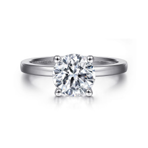 Gabriel & Co. ER14982R8PTJJJ platinum Classic engagement ring, front view of a round center with four ball tipped prongs and a flat band behind