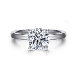 Gabriel & Co. ER14982R8W4JJJ 14 karat white gold Classic engagement ring, front view of a round center held by ball tipped prongs on a plain band