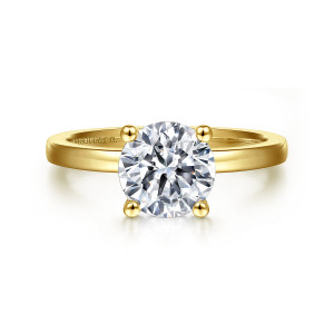 Gabriel & Co. ER14982R8Y4JJJ 14 karat yellow gold Classic engagement ring, front view of the round center between ball tipped prongs on a thin flat faced band