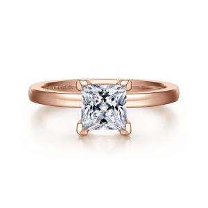 Gabriel & Co. ER14982S4K4JJJ 14 karat rose gold Classic engagement ring, front view of a princess cut center gripped by squared claws on a slim band