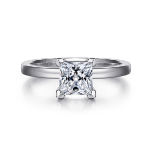 Gabriel & Co. ER14982S4W4JJJ 14 karat white gold Classic engagement ring, front view of a princess cut center gripped at each corner over a slim smooth band