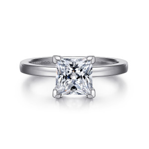 Gabriel & Co. ER14982S5W4JJJ 14 karat white gold Classic engagement ring, front view of a princess cut center clasped at each corner by a squared prong