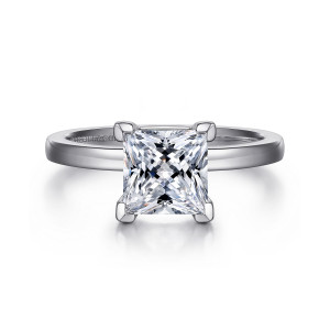 Gabriel & Co. ER14982S6W4JJJ 14 karat white gold Classic engagement ring, front view of a princess cut center held by four squared corner prongs on a flat band
