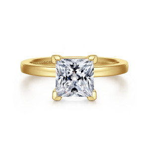 Gabriel & Co. ER14982S6Y4JJJ 14 karat yellow gold Classic engagement ring, front view of a princess center held by squared corner prongs on a plain band