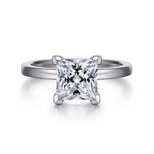 Gabriel & Co. ER14982S8W4JJJ 14 karat white gold Classic engagement ring, front view of a princess cut center gripped by blocky squared prongs at each corner