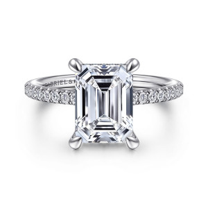 Gabriel & Co. ER14987E12PT4JJ platinum Classic engagement ring, front view of an emerald cut center in four claws with a fine beaded rim showing behind