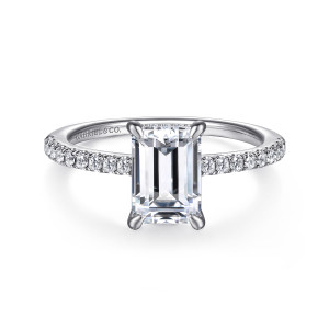 Gabriel & Co. ER14987E8W44JJ 14 karat white gold Classic engagement ring, front view of an emerald cut center in four rounded prongs with a diamond band
