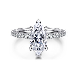 Gabriel & Co. ER14987M6W44JJ 14 karat white gold Classic engagement ring, front view of a marquise center with pointed end prongs and diamonds along both shoulders