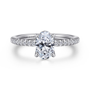 Gabriel & Co. ER14987O4PT4JJ platinum Classic engagement ring, front view of an oval center with four prongs and round diamonds along the slender band