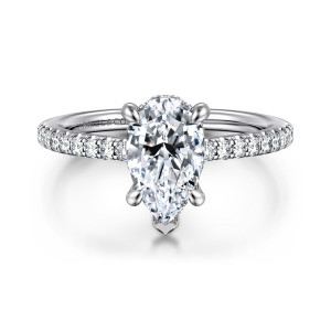 Gabriel & Co. ER14987P6W44JJ 14 karat white gold Classic engagement ring, front view of a pear shaped center with a V shaped prong at its point