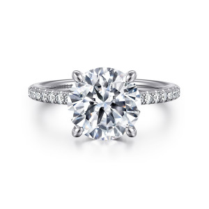 Gabriel & Co. ER14987R12PT4JJ platinum Classic engagement ring, front view of a round center held by four prongs above small diamonds on the band