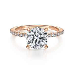 Gabriel & Co. ER14987R8K44JJ 14 karat rose gold Classic engagement ring, front view of a round center on four slender prongs with diamonds along the shoulders