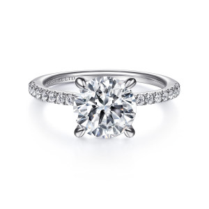 Gabriel & Co. ER14987R8PT4JJ platinum Classic engagement ring, front view of a round center in four slender prongs above a slim diamond band