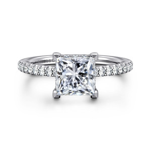 Gabriel & Co. ER14987S6W44JJ 14 karat white gold Classic engagement ring, front view of a princess cut center with four angular corner prongs above a diamond band