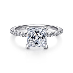 Gabriel & Co. ER14987S8W44JJ 14 karat white gold Classic engagement ring, front view of a square center on four corner prongs above a slim band of small round diamonds