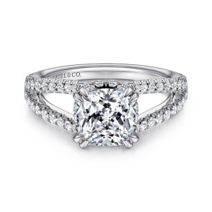 Gabriel & Co. ER14994C8W44JJ 14 karat white gold Contemporary engagement ring, front view of a cushion center in paired prongs above a split shank of two diamond rows