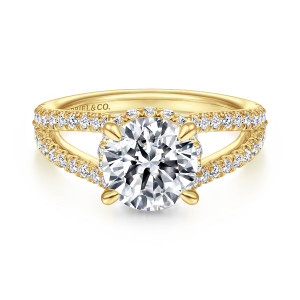 Gabriel & Co. ER14994R8Y44JJ 14 karat yellow gold Contemporary engagement ring, front view of a round center with tapered prongs above a split band of small diamonds