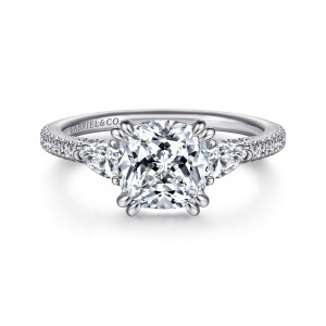 Gabriel & Co. ER15004C8W44JJ 14 karat white gold Contemporary engagement ring, front view of a cushion cut center with paired prongs and a pear shaped stone on each side