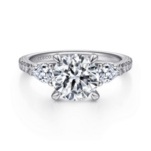 Gabriel & Co. ER15005R8W44JJ 14 karat white gold Contemporary engagement ring, front view of a round center between pear shaped side stones with pave shoulders