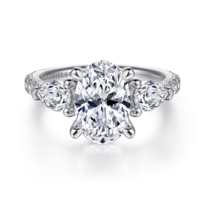 Gabriel & Co. ER15006O8W44JJ 14 karat white gold Contemporary engagement ring, front view of an oval center between two pear shaped stones with the points facing outward