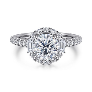 Gabriel & Co. ER15015R6W44JJ 14 karat white gold Contemporary engagement ring, front view of the round center in a halo with a step cut stone at each side
