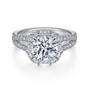 Gabriel & Co. ER15030R6W44JJ 14 karat white gold Art Deco engagement ring, front view of a round center inside a square frame of baguettes and small round stones