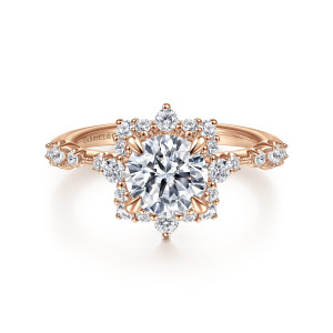 Gabriel & Co. ER15195R4K44JJ 14 karat rose gold Starlight engagement ring, front view of a round center held by claw prongs inside a starburst frame of small stones