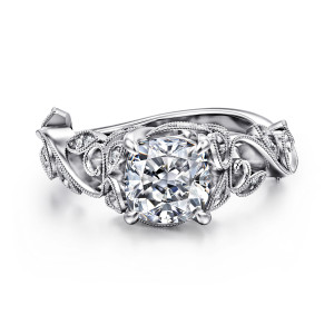 Gabriel & Co. ER15207C6W44JJ 14 karat white gold Floral Nouveau engagement ring, top view of the cushion center framed by scrolling vines and beaded leaf shapes