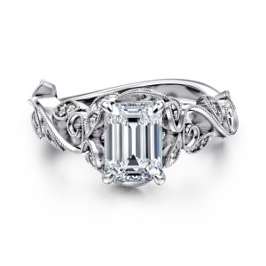 Gabriel & Co. ER15207E6W44JJ 14 karat white gold Floral Nouveau engagement ring, top view of an emerald cut center inside a beaded rim with leaf frames on both shoulders