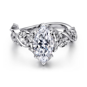 Gabriel & Co. ER15207M6W44JJ 14 karat white gold Floral Nouveau engagement ring, front view of a marquise center with beaded leaves and small diamonds spreading across both shoulders