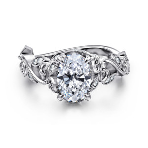 Gabriel & Co. ER15207O6W44JJ 14 karat white gold Floral Nouveau engagement ring, top view of an oval center framed by beaded leaves and curling tendrils