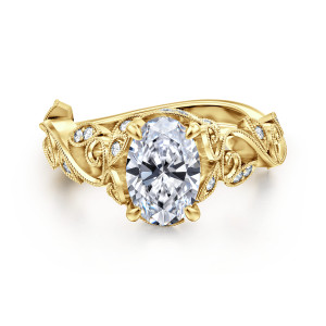 Gabriel & Co. ER15207O6Y44JJ 14 karat yellow gold Floral Nouveau engagement ring, top view of an oval center framed by beaded leaf shapes and scrolls on both shoulders