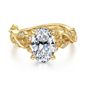 Gabriel & Co. ER15207O8Y44JJ 14 karat yellow gold Floral Nouveau engagement ring, top view of the oval center ringed by beaded leaf frames and curling vine scrolls on the band