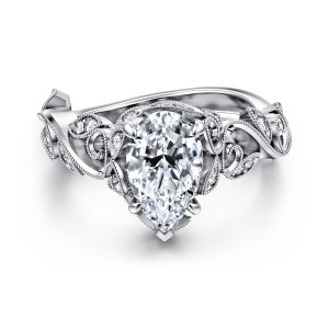 Gabriel & Co. ER15207P6W44JJ 14 karat white gold Floral Nouveau engagement ring, top view of a pear shaped center inside curling beaded scrolls with small diamonds in leaf frames