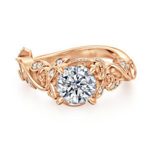 Gabriel & Co. ER15207R4K44JJ 14 karat rose gold Floral Nouveau engagement ring, top view of a round center with leaf frames and beaded scrolls gathered around the head