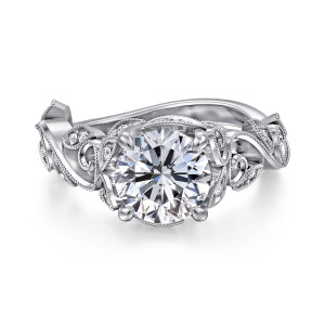 Gabriel & Co. ER15207R6W44JJ 14 karat white gold Floral Nouveau engagement ring, front view of a round center ringed by beaded leaf frames and curling scrolls